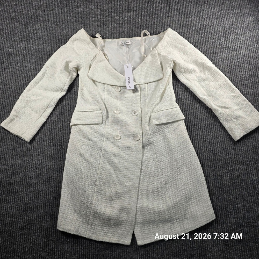 Reveuse White Tweed Off The Shoulder Double Breasted Blazer Mini Dress Small NWT